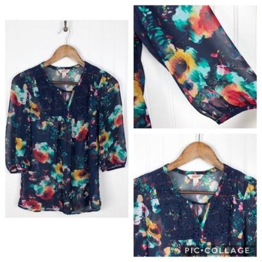 Arizona Jean Co Floral Sheer Lace Top XS Multicolor Boho Festival‎ Casual